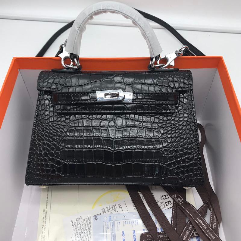 Hermes-22cm-Kelly-Bag-Crocodile-Stripe-Handbag-Black-With-Silver-