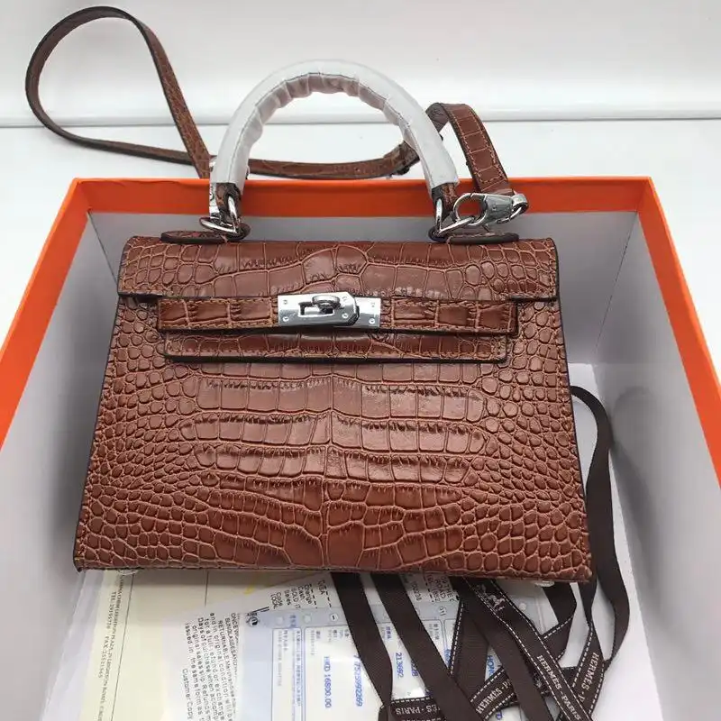 Hermes-22cm-Kelly-Bag-Crocodile-Stripe-Handbag-Coffee-With-Silver