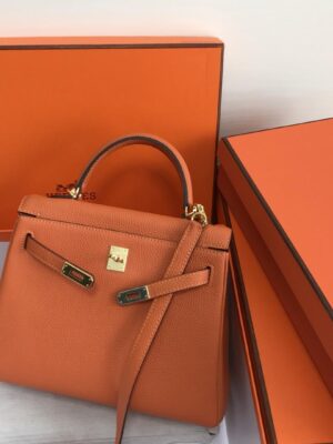 Hermes-25cm-Kelly-Bag-Togo-Leather-Handbag-Orange