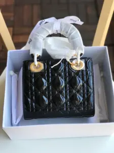 Replica-Mini-Lady-Dior-bag-with-Chain-in-Black-Patent-Cannage-Calfskin-Gold-Tone-Metal