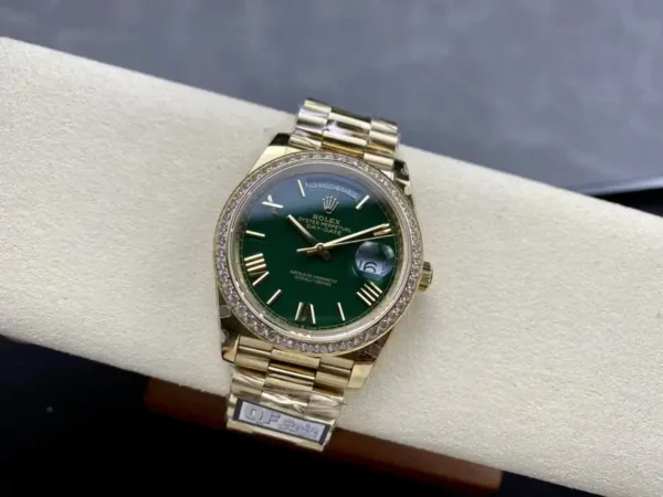 Replica Rolex Day Date 40 18K Yellow Gold Green Dial Diamond Bezel M228348RBR 0040 Men's Watch