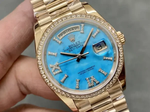 Replica Rolex Day-Date 36 Rose Gold Turquoise Diamond-Set Roman Dial Diamond Bezel m128345rbr 0064