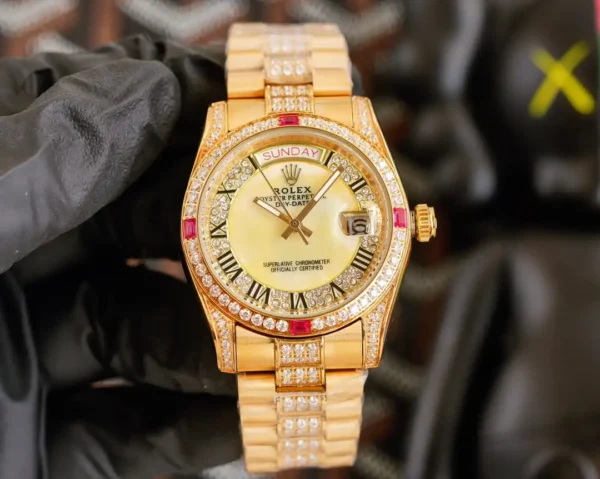Replica Rolex Day-Date 118388 Champagne Diamond Dial Yellow Gold 36MM Unisex Watch