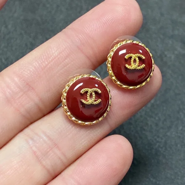 Replica Chanel Golden edged red round bead with gold CC earrings