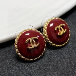 Replica Chanel Golden edged red round bead with gold CC earrings - Image 4