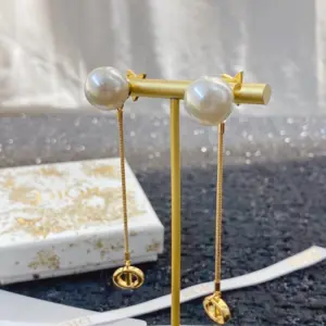 Replica Dior Earrings Solid Color Pearl Gold Chain Gold CD Pendant - Image 3