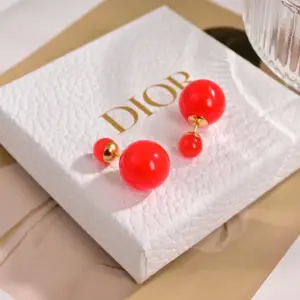 Replica Dior Size Solid Color Bead Earrings with Gold Round Bottom Red Green - Image 2